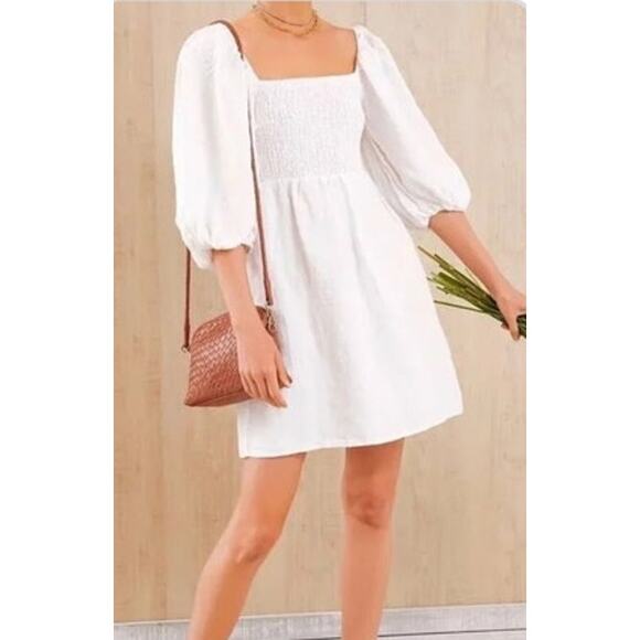 Tuckernuck Annie Smocked Linen Mini Dress XS White Ivory Square Neck Preppy - Picture 1 of 10